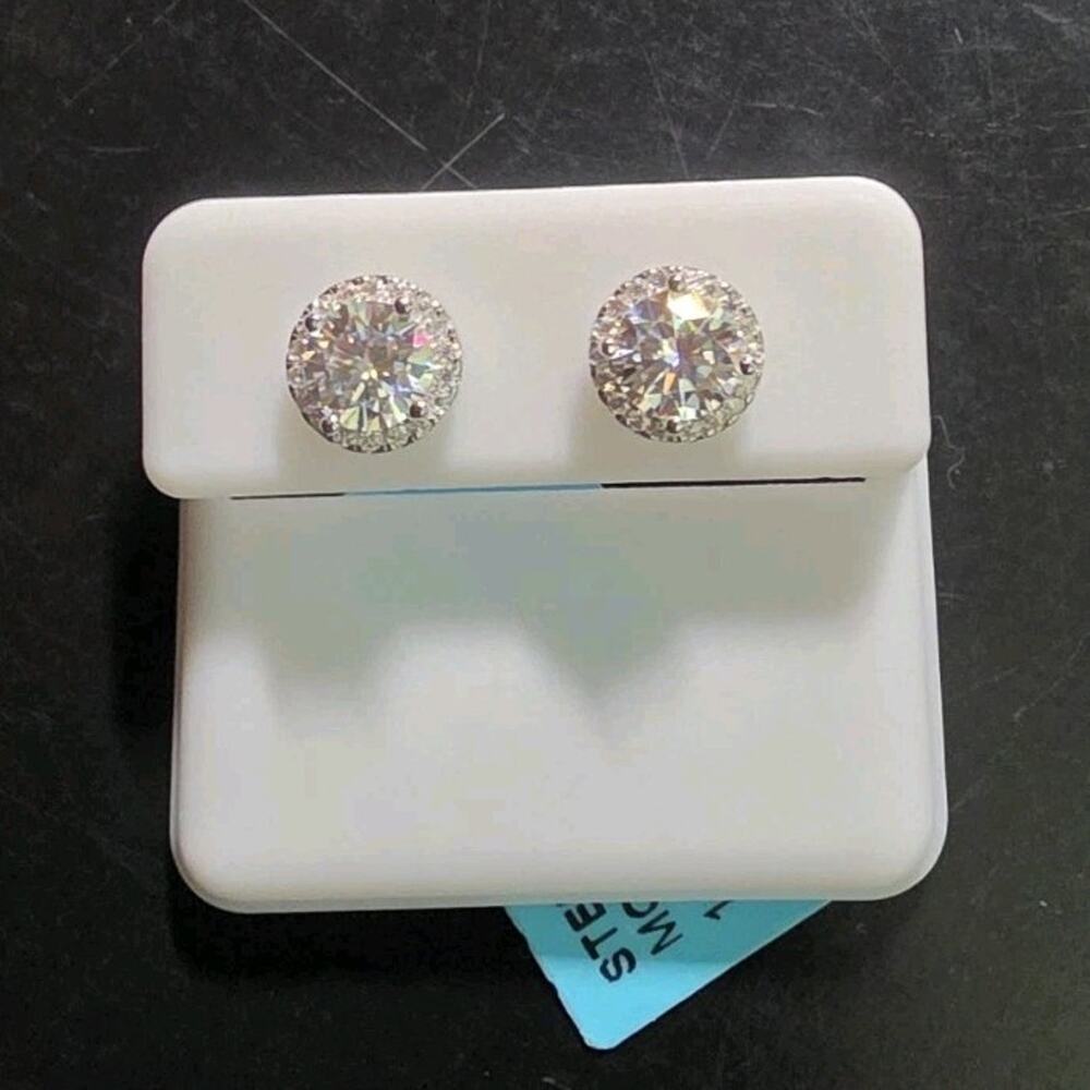 925 Sterling Silver Round Moissanite Stud Earrings Butterfly Back 1.83 CTW